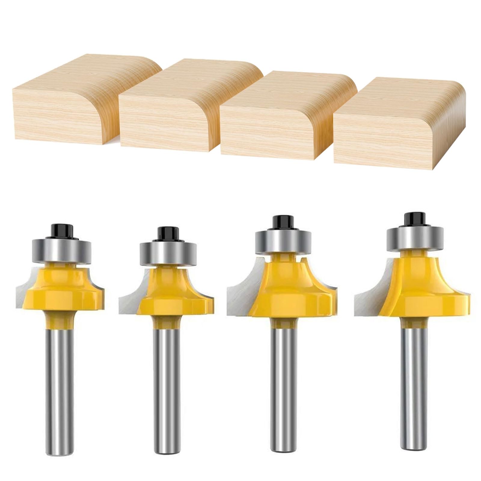 4Pcs Roundover Router Bit Set,1/4 Shank Router bits,1/4 Inch Shank Round Over Edging Router Bit Set Corner Rounding Edge Forming Cutter - Radius 1/8", 1/4", 3/8", 1/2"