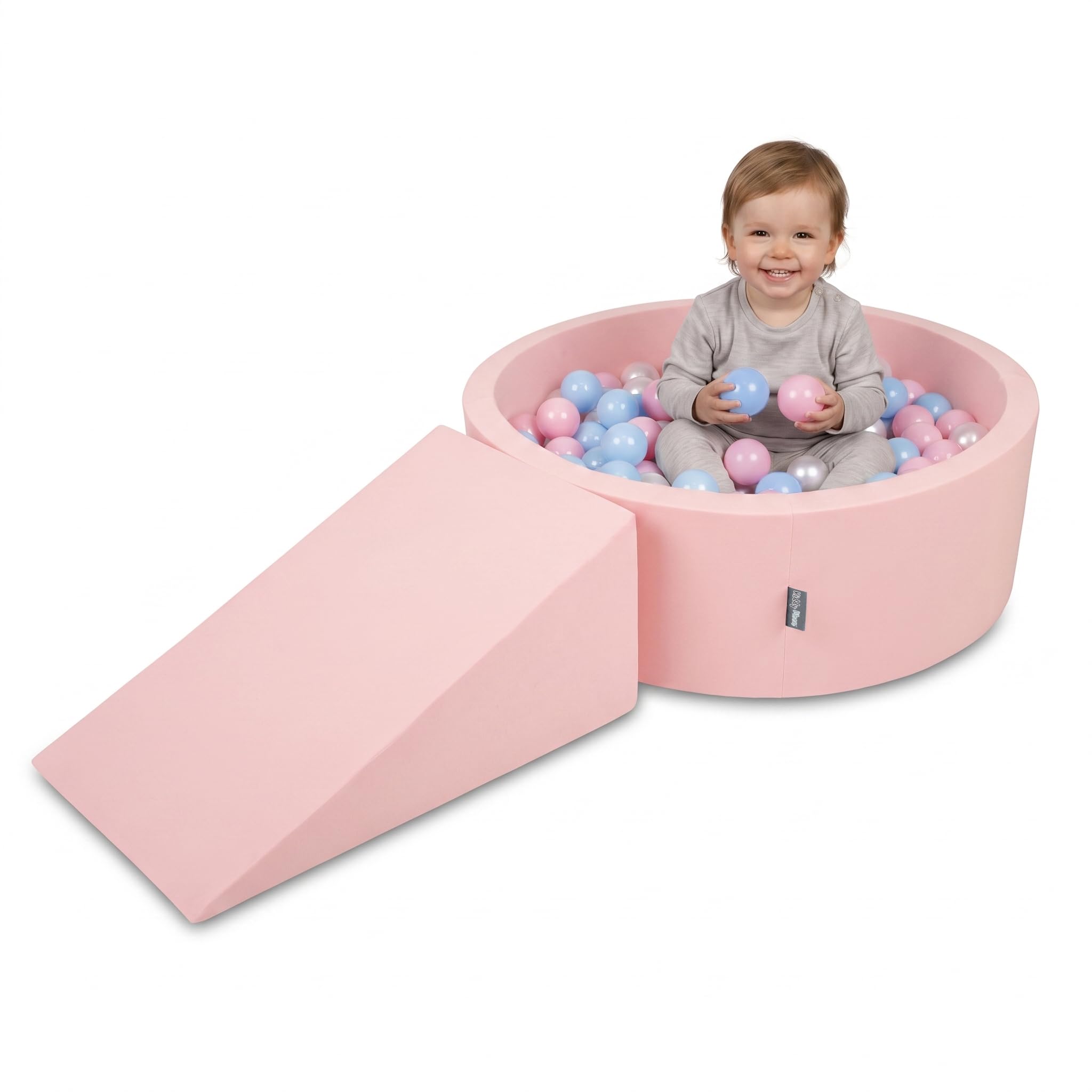 KiddyMoon Soft play set with ballpit 90x30cm and ramp 100 balls 7cm foam playground for babies and toddlers - Pink: Baby blue Powder pink Pearl