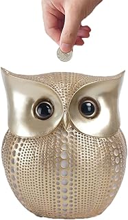 Piggy Bank for Kids Wisdom Owl Money Box to Save Cute Kawaii Resin Cash Coin Bank Saving Money Jar Box Storage Sculptures Home Decoration Desk Accessories Boys Girls (Golden)