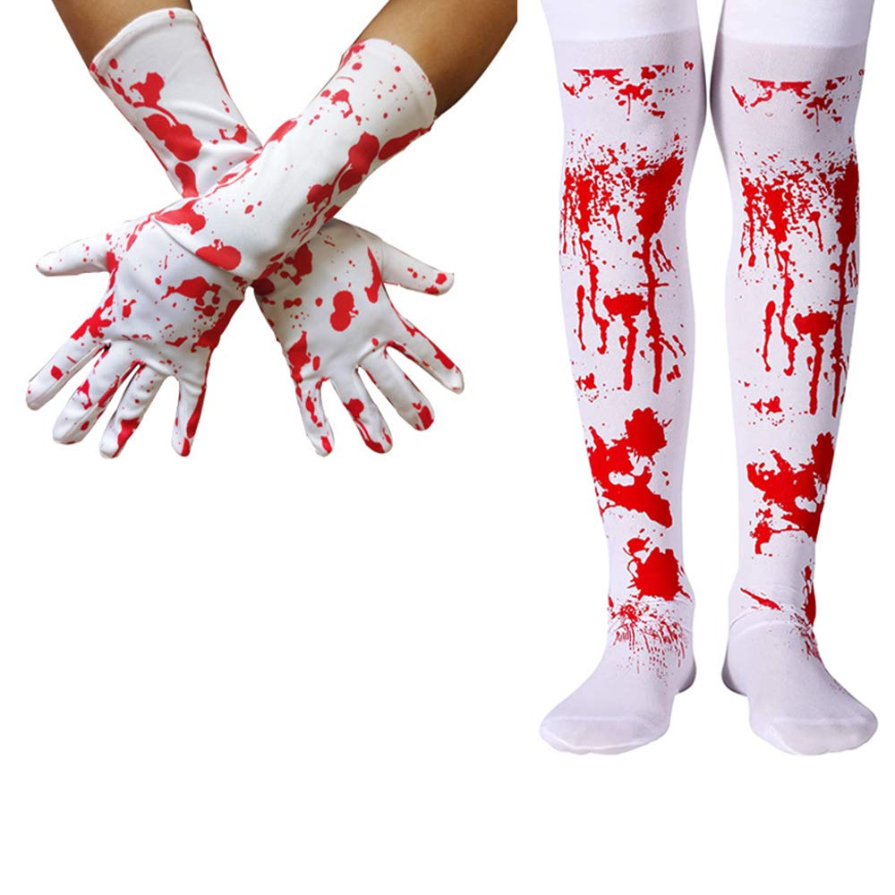 HosfairyHosfairy 1 Pair Blood Socks and 1 Pair Full Finger Blood Gloves for Halloween Cosplay Costume