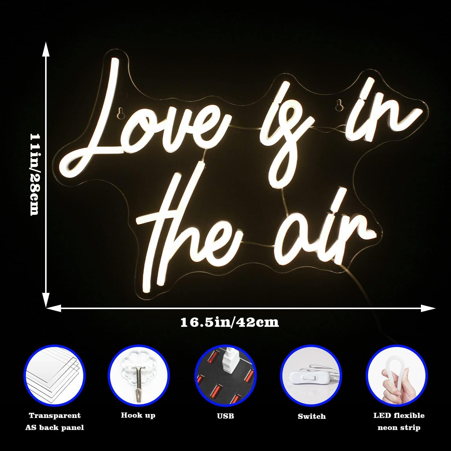 Looklight Neonowy znak "Love is in The Air", ciepła biel, LED, do dekoracji ścian, zasilany przez USB, litera, neonowa lampa, do sypialni, domu, baru, zaręczyn, na ślub, urodziny, przyjęcie, prezent