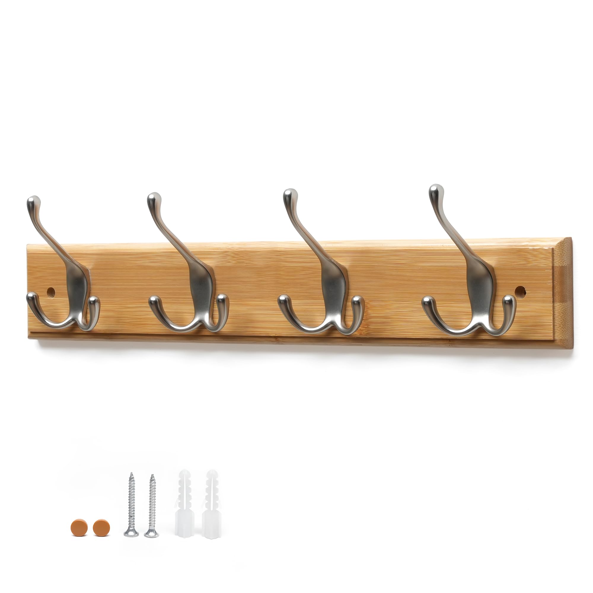 Flatro Coat Hooks Wall-Mounted | Bamboo Coat Rack with 4 Triple Zinc Alloy Hooks to Hang Hats, Jackets, Bags, Keys, Towels & More | Best Suited for Home Entrance, Bedrooms, Bathroom | Fixings Included