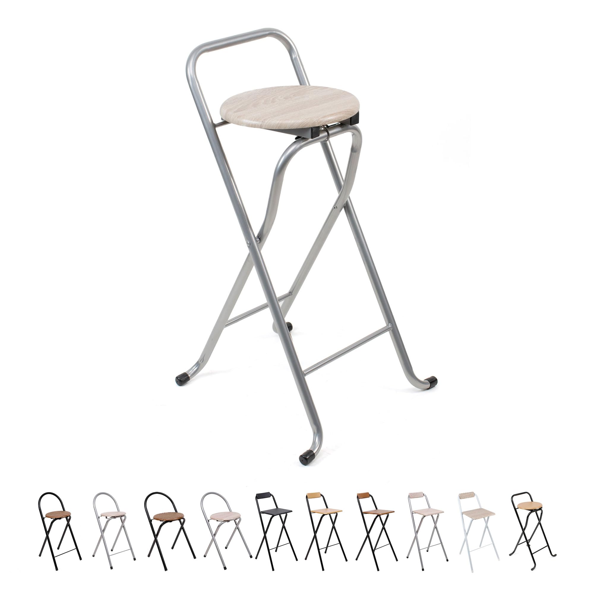 THE SECRET HOME Taburete Plegable con Respaldo - Silla Plegable de Metal y Madera - Ideal para Cocina, Terraza o Jardín (Alto. 80 cm x Largo. 45 cm - Patas Plateadas)