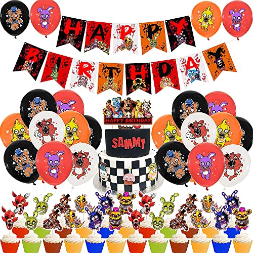 rosepartyh Décoration de Anniversaire Five Nights at Freddys Ballons Bannière de Joyeux Anniversaire Décorations de Gâteaux pour Enfants Adultes Jeu Vidéo Décorations de Fête D'anniversaire Cover