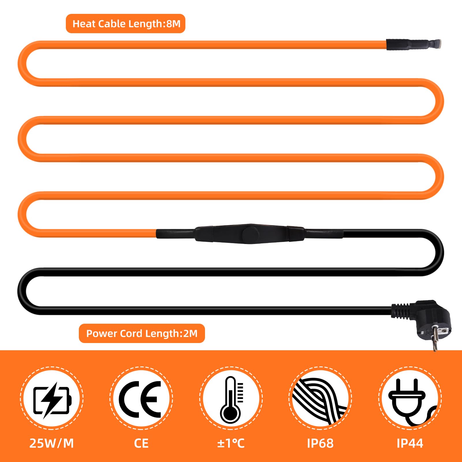Câble chauffant antigel 8 m - Câble chauffant - Chauffage de gouttière - 230 V - Câble chauffant autorégulateur 25 W/m - Étanche IP65 - Pour protéger les tuyaux d'eau, les plantes, les gouttières