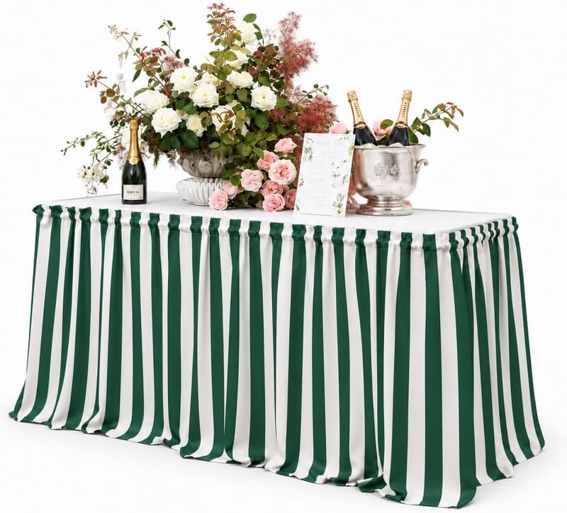 Whaline Green White Striped Table Skirt, Party Decorations, 2.4 x 14 Ft