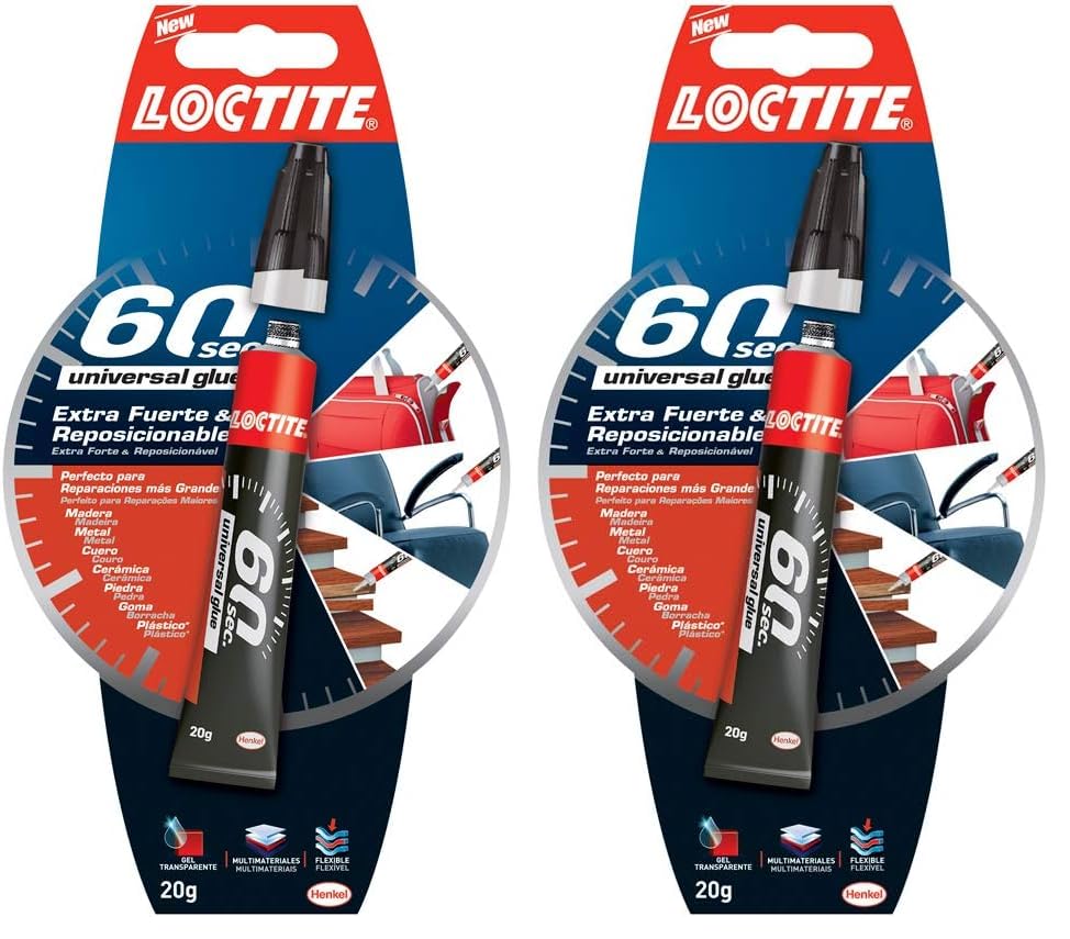 Loctite 60 Segundos, adhesivo universal, pegamento fuerte para todo, cola rápida para reparaciones en el hogar, pegamento extrafuerte multimaterial, 1 x 20 g, tubo (Paquete de 2)