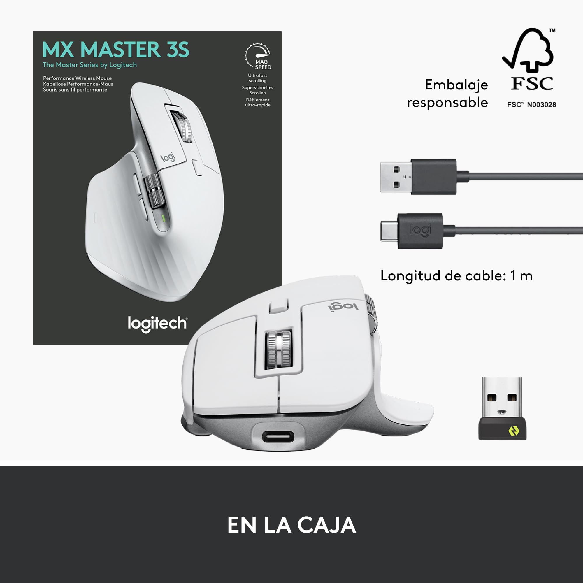 Logitech MX Master 3S - Ratón Inalámbrico con Desplazamiento Rápido | Ergo, 8K DPI, Funciona sobre Cristal, Clics Silenciosos, USB-C, Bluetooth, Windows, Linux, Chrome - Gris claro