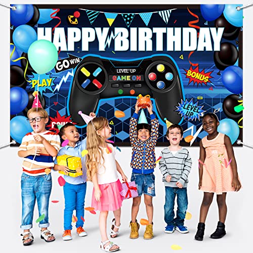 Video Game Happy Birthday Backdrop Game On Birthday Party Backdrop Banner Level Up Gaming Theme Party Background Photo Props For Video Game Party Wall Decorations Supplies (Blue) #TOP1