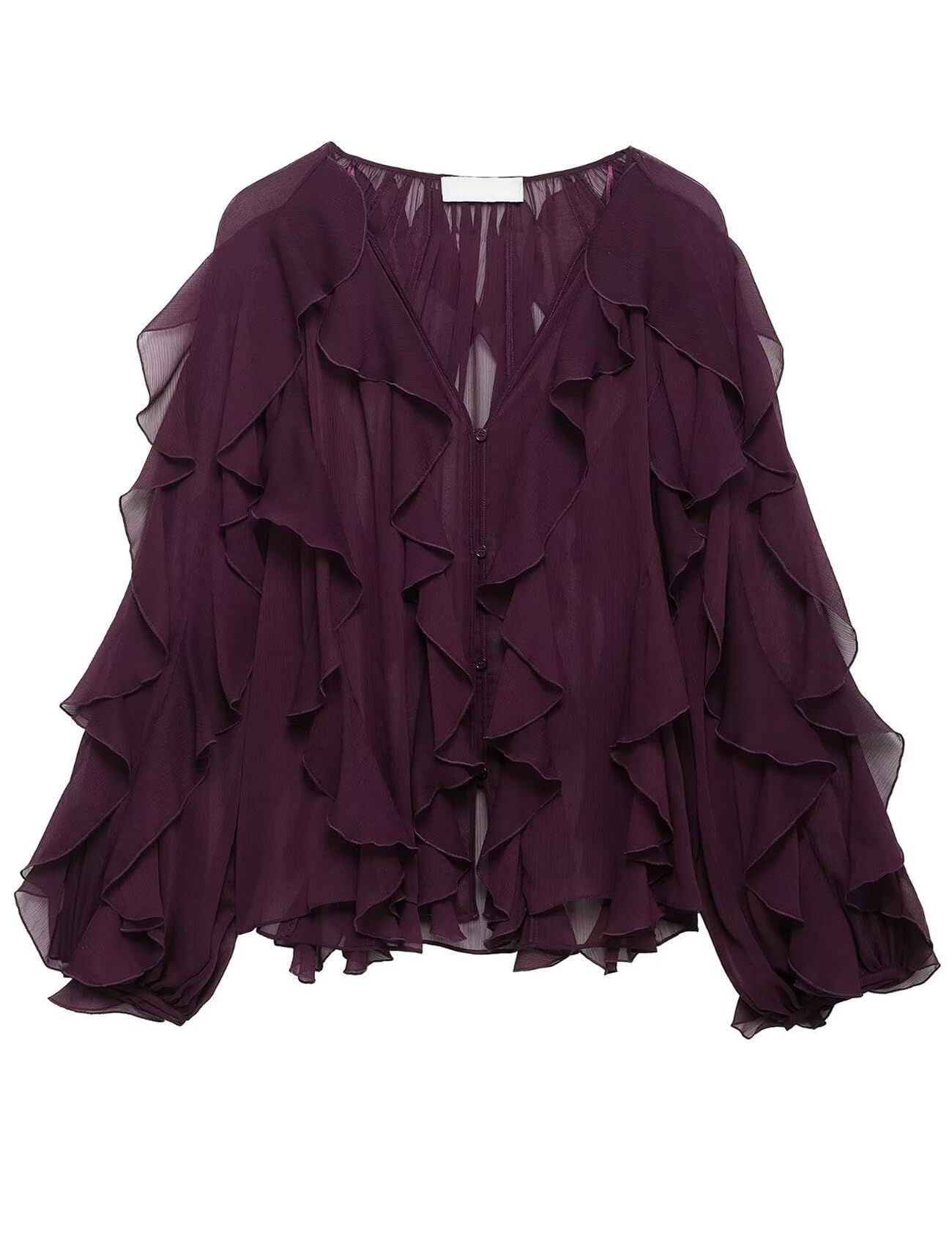 Barley Direct Unisex Wine Womens Sheer Ruffle Blouse V Neck See Through Chiffon Ruffled Tops Summer Going Out Tops(,Large)