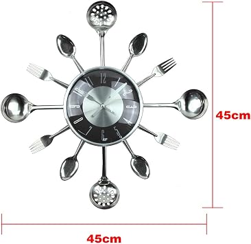 Timelike Wall Clock, 18 Metal Cutlery Utensil Kitchen Spoon Fork Wall Clock Creative Modern Home Decor Antique Style Wall Watch (Black)