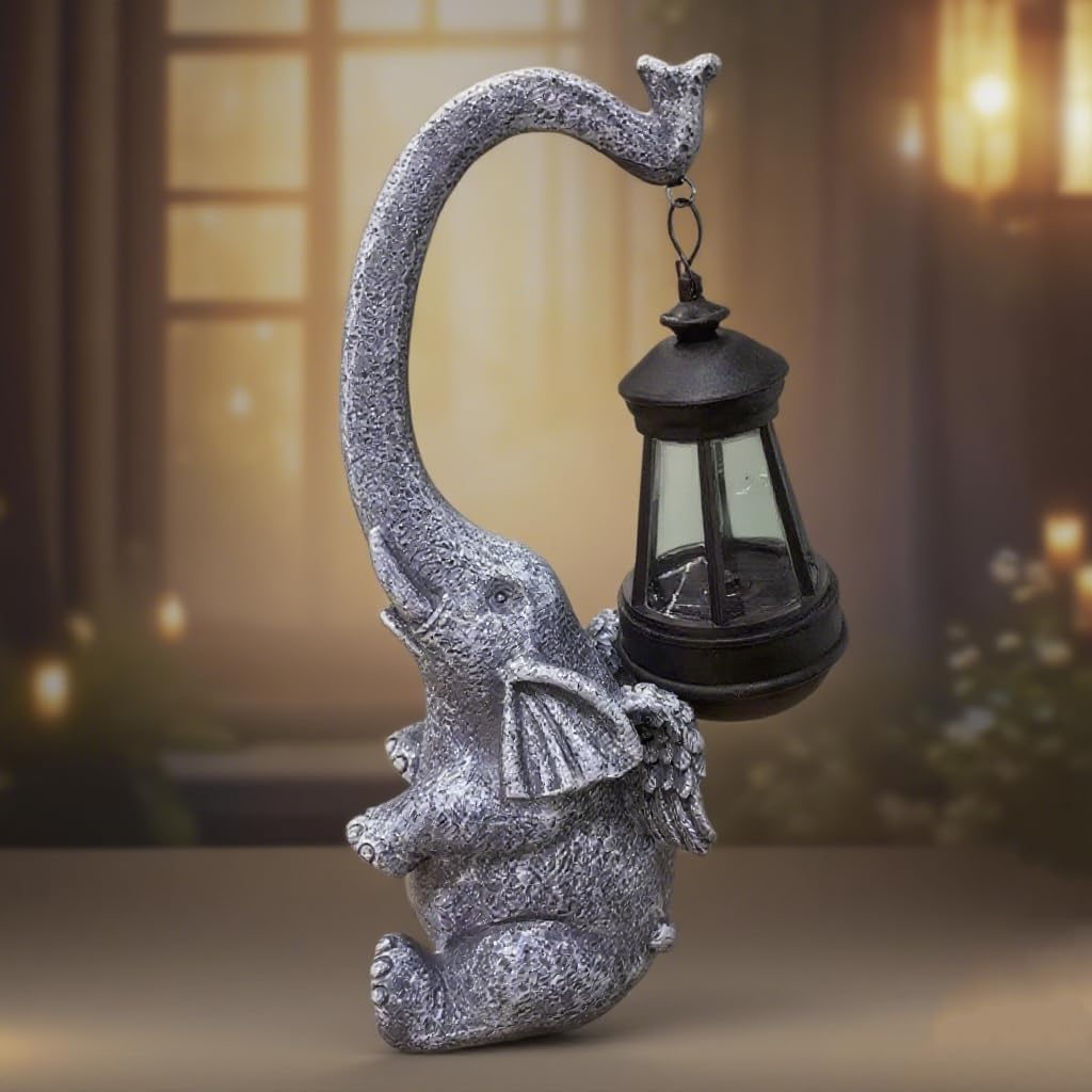 Elephant Solar light Garden Statue, Handmade Resin Lucky Elephant Sculpture Outdoor Lantern ,Figurine Decor for Patio, Yard & Indoor ,