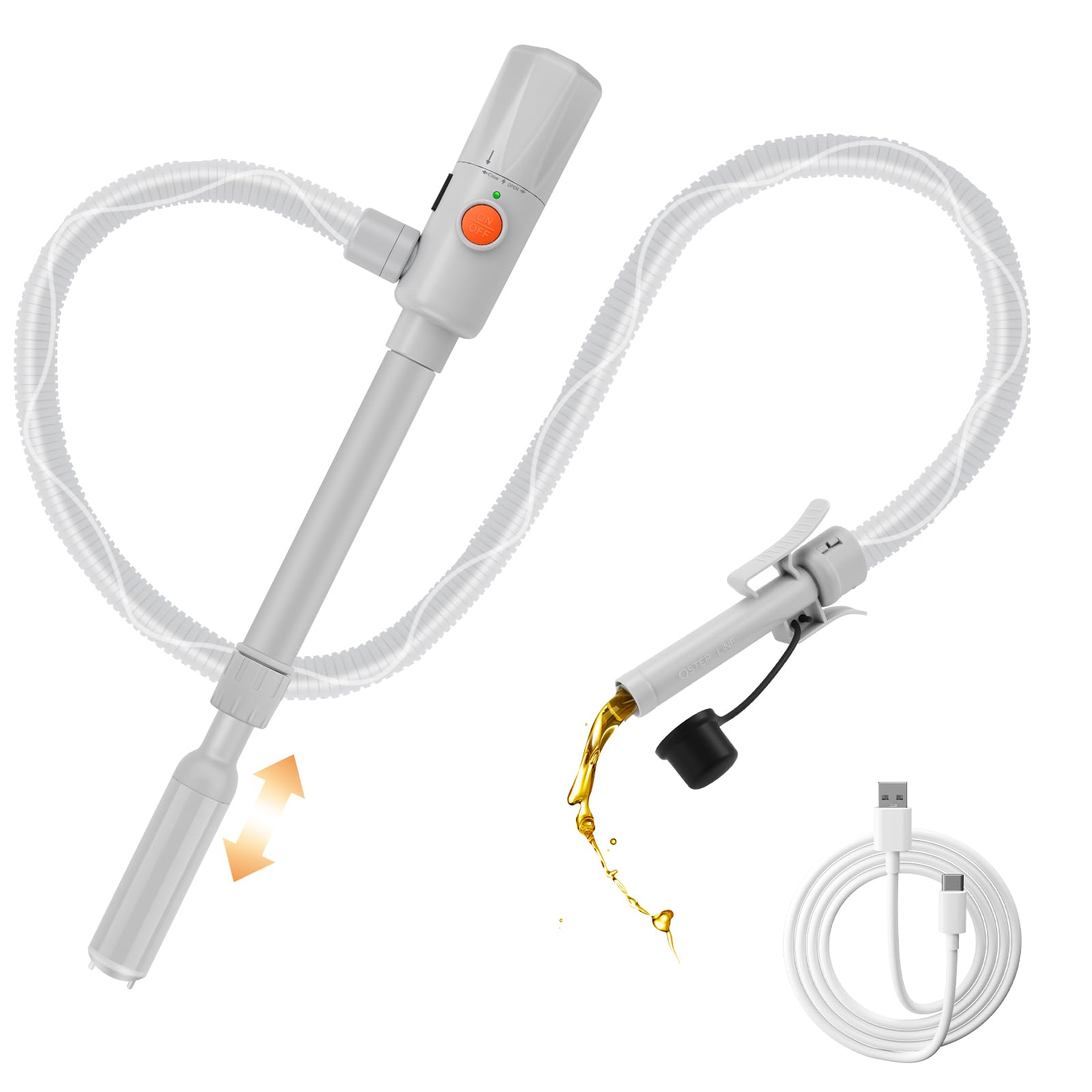 Bomba de Transferencia de Combustible Bomba de Gasolina Funciona con USB-C/AA 10.6 l/min con Parada Automática y Manguera Retráctil, Bomba de Líquido Portátil Transfiere Gasolina Gasoil Combustible