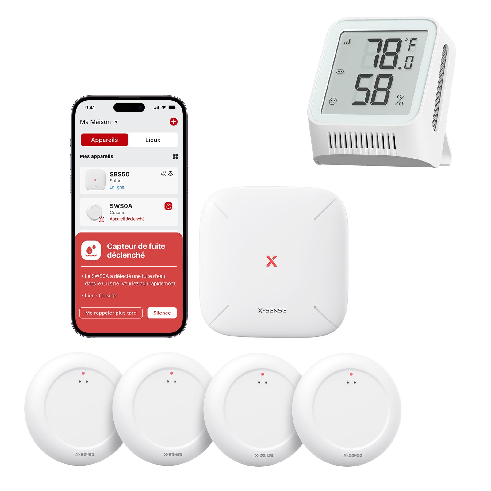 X-Sense Wassermelder WLAN mit SBS50 Basisstation, WLAN Hygrometer Thermometer Innen mit LCD-Display, App-Warnungen（nur 2.4Ghz）