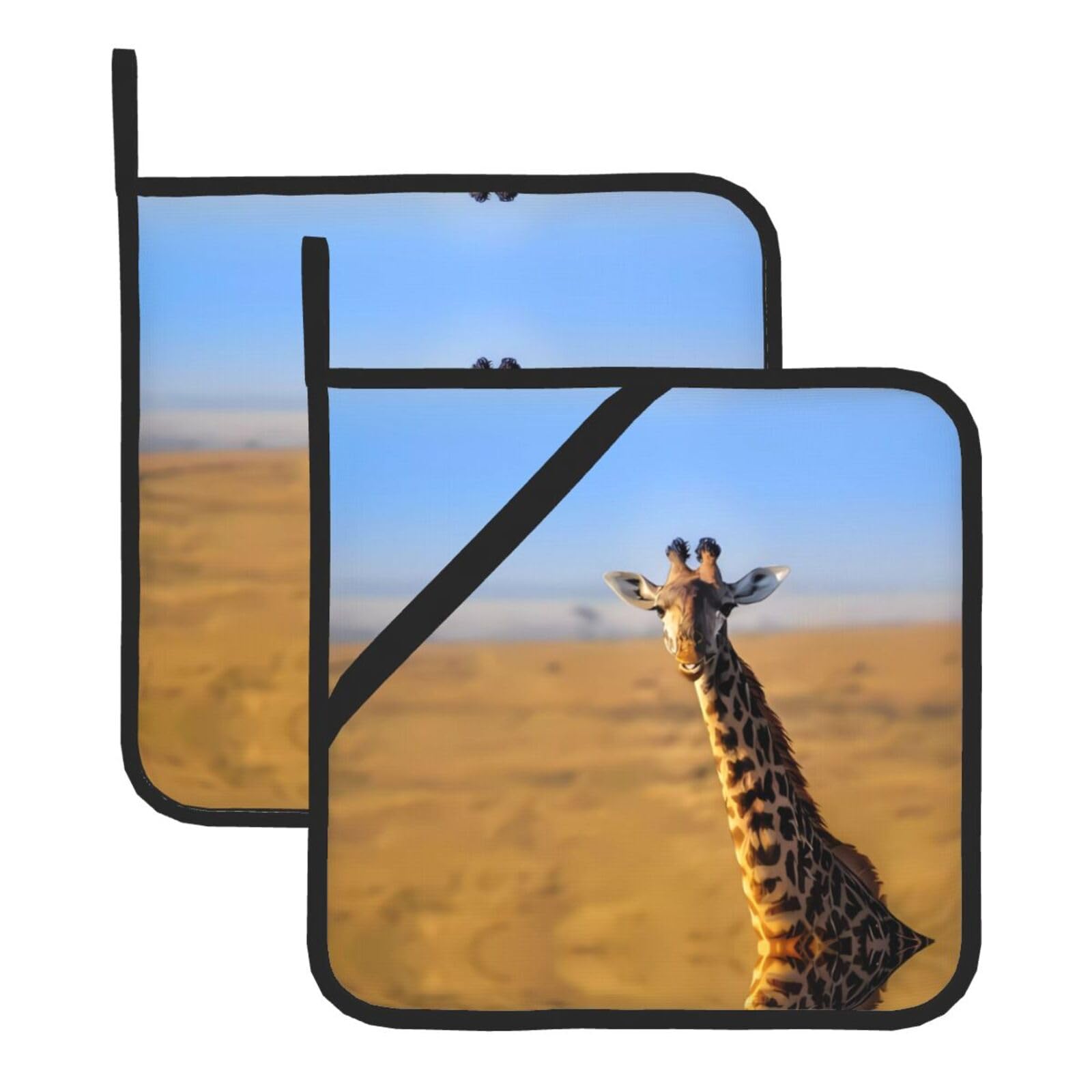 WHJSHOP Giraffe Animal Pattern Prints Square Pot Holders - Waterproof Heat Resistant Kitchen Throw Pads for Hot Bowls & Dishes, Durable Oven Mitt Layers with Hanging Loop - Set of 2