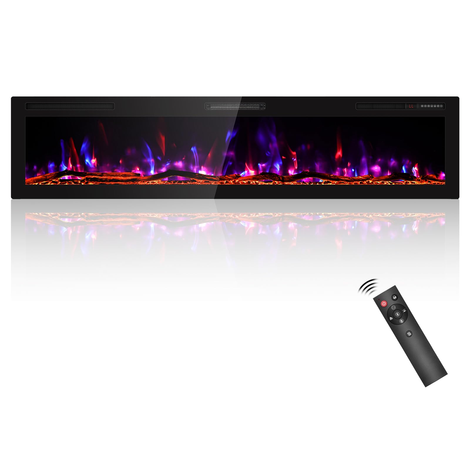 BREEZEHEAT 80 Inch Electric Fireplace Recessed and Wall Mounted, Ultra Slim Linear Fireplace Heater 750/1500W w/Log, HD Realistic Flame, Lower Noise, 8H Timer