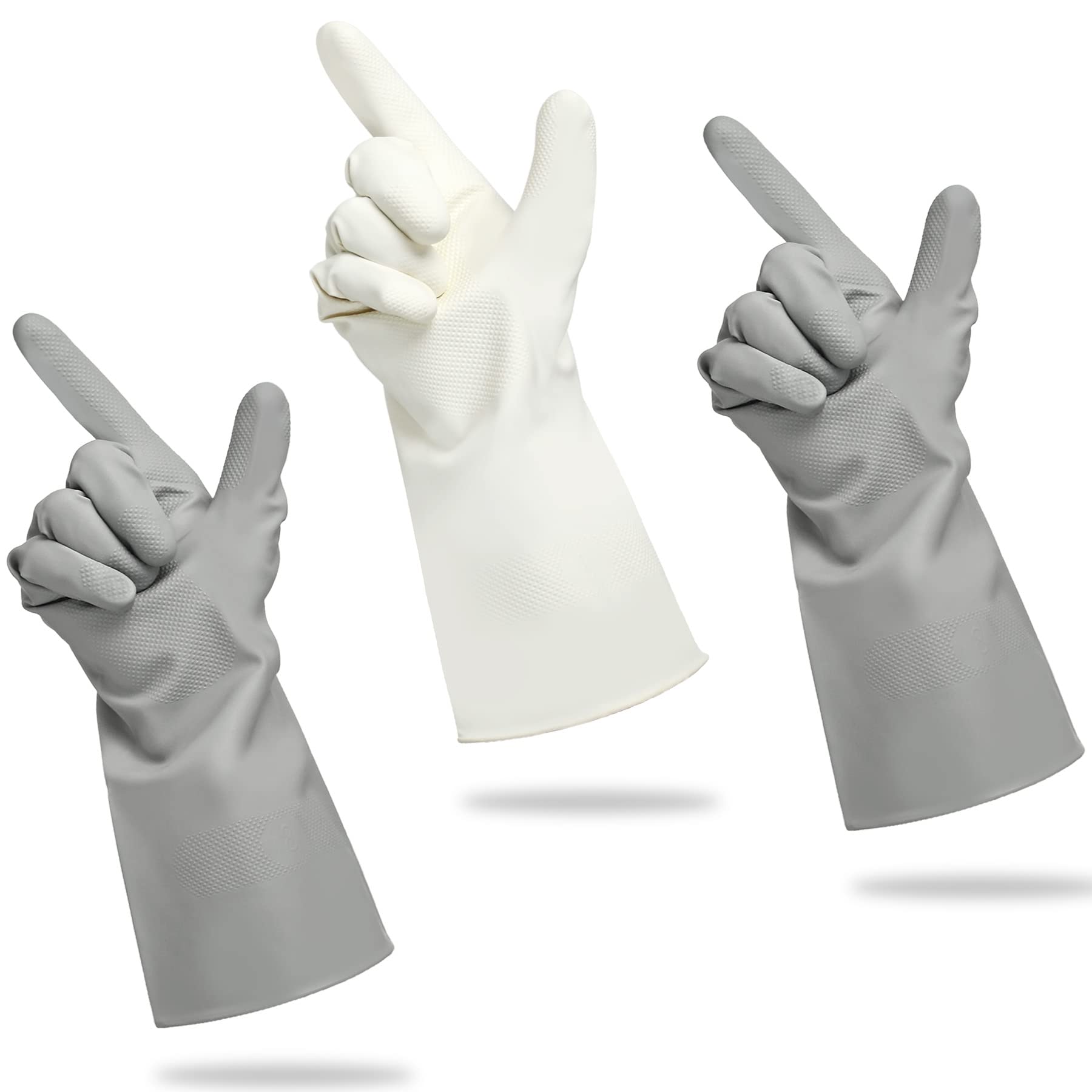 Cleanbear Guantes de limpieza de goma sin látex, reutilizables, ligeros y duraderos, juego de 3 con 2 pares de guantes grises y 1 par de blancos (12 pulgadas)
