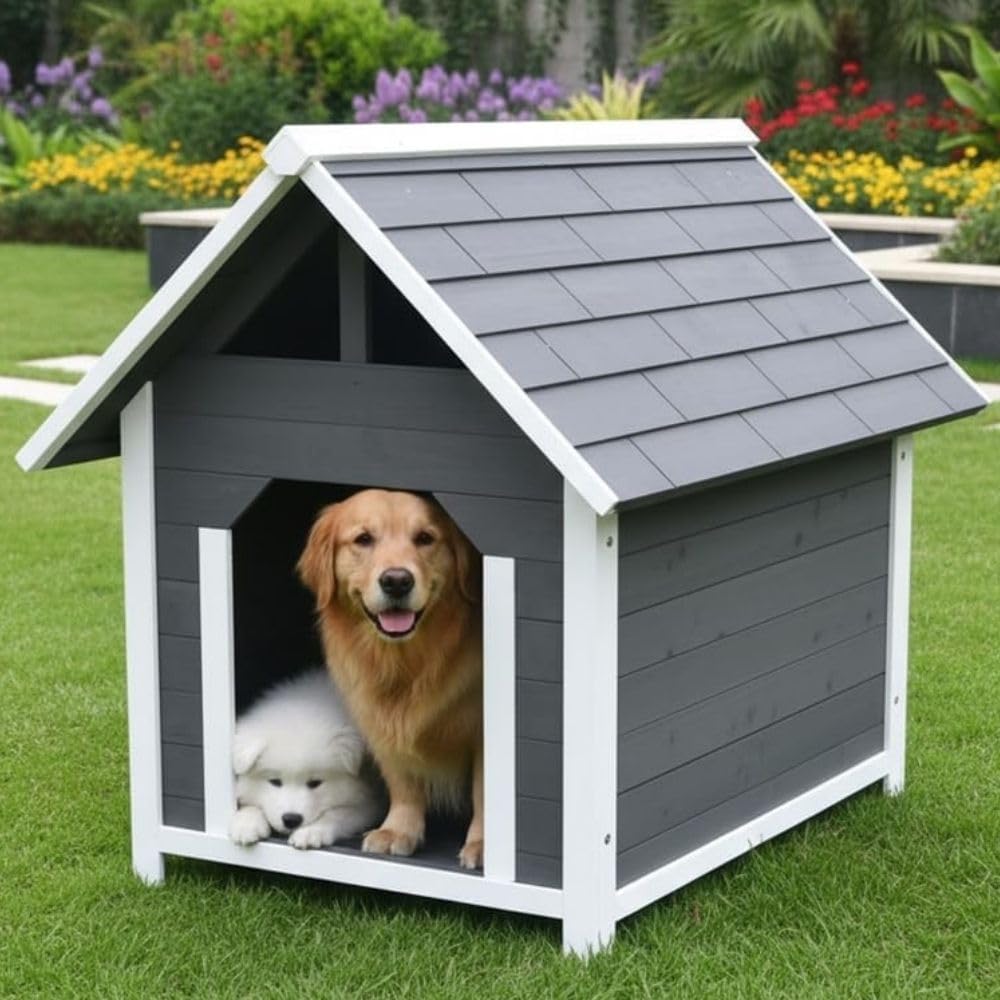Melko Hundehütte Hundehaus XXL Holz wetterfest 75x115x95 cm Grau Weiß | Blockhaus-Design mit Dachüberstand, erhöhte Standfüße gegen Feuchtigkeit, Eingang 34x44 cm, für mittelgroße Hunde, lasiert