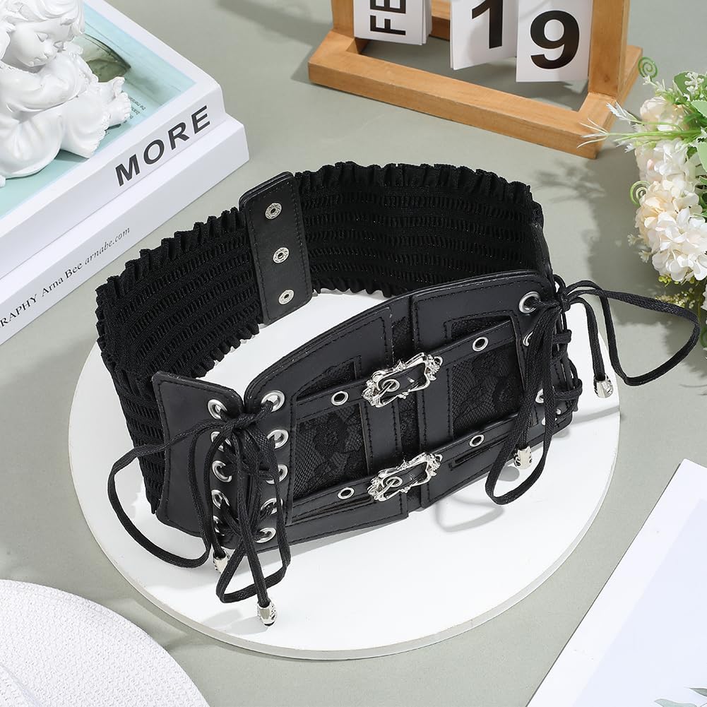 Black Faux Leather Waist Corset Belt Wide Vintage Medieval Around Obi Trendy Elastic Lace Up Waistband Belts with Alloy Buckle Loosens Bulk for Women Dress Shirts Clothes Costume Accessories - Image 3