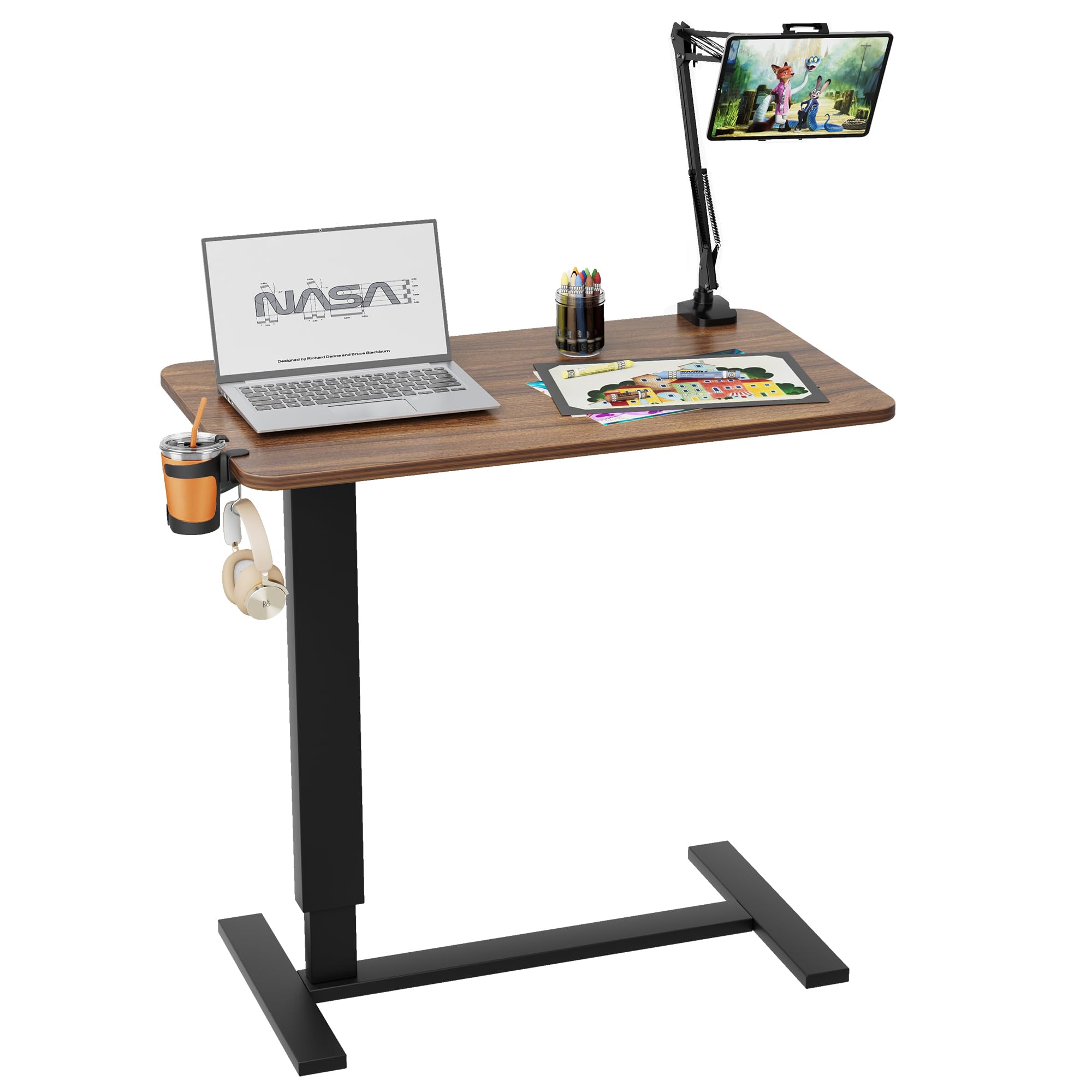 Overbed Bedside Table with Wheels, Adjustable Hospital Bedside Desk, Rolling Laptop Table, Mobile Standing Desk, Laptop with Cup Holder & Phone/Tablet