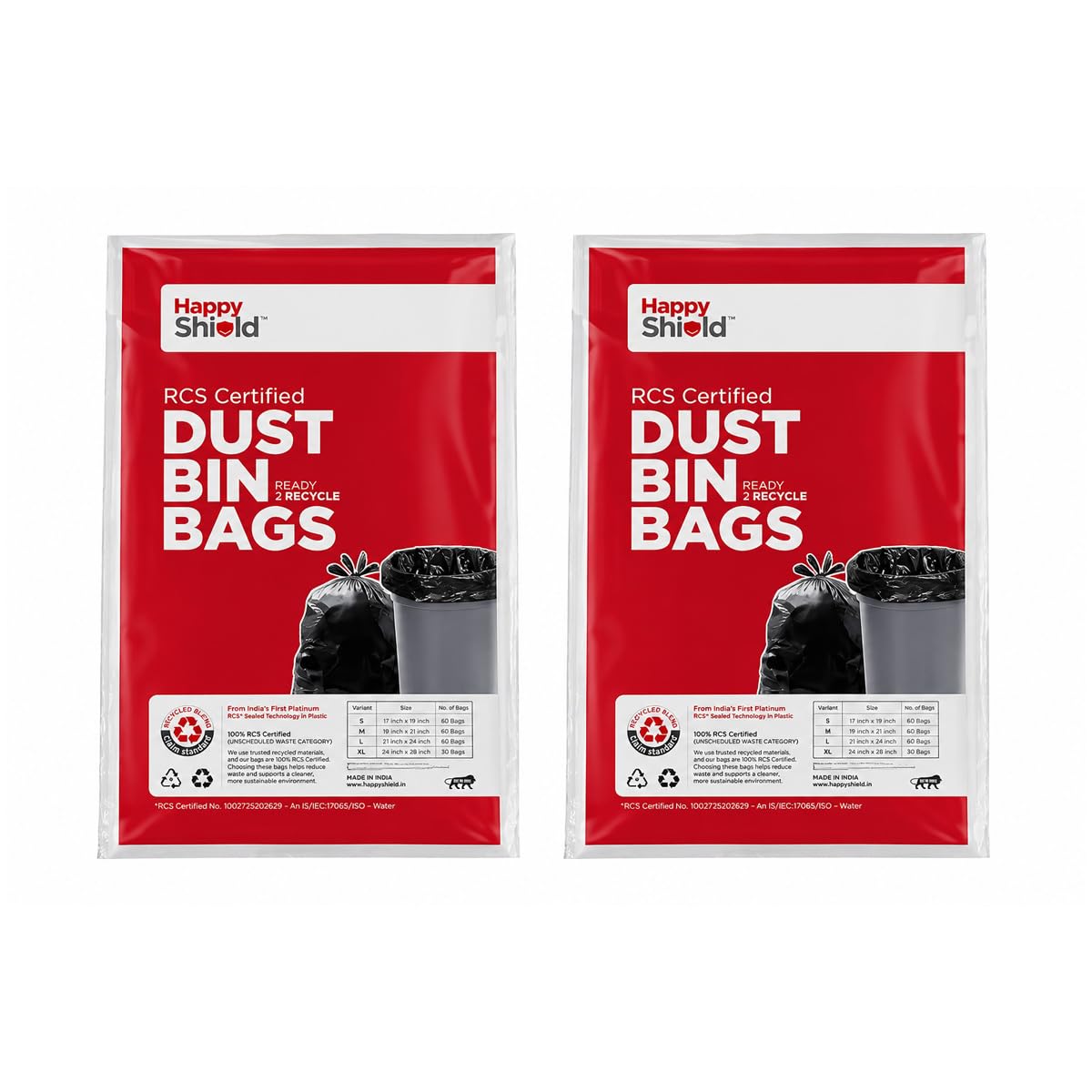 ​Happy Shield - RCS Certified Garbage Bags (60 Pieces), Small (17x19 Inches) - 30 pieces/pack (Pack of 2), Black-image-31