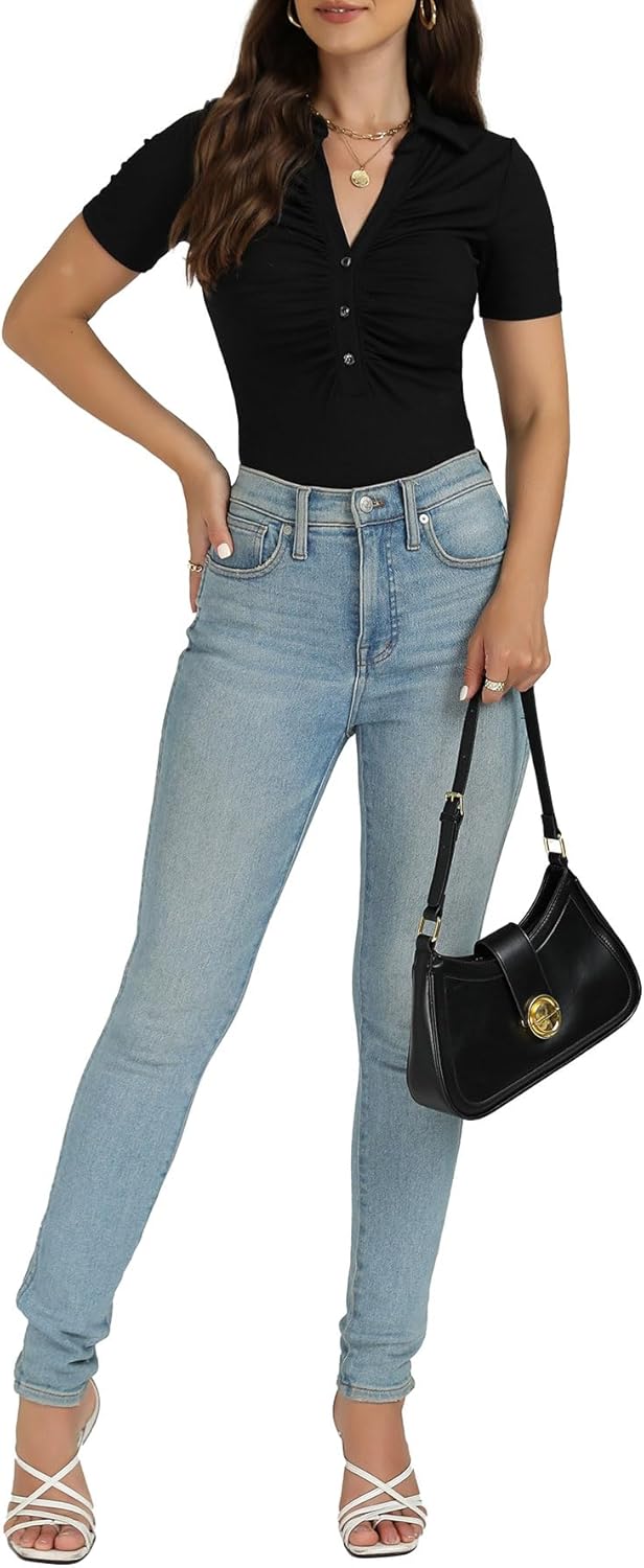 OPOIPIN Women's Rib Knit Collar Deep V Neck Ruched Buttons Short Sleeve Bodysuit Leotard Top - Image 6