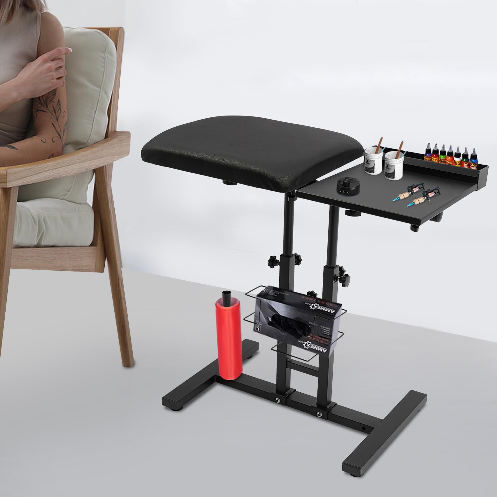 Oversized Tattoo Arm Rest Stand with Workbench & Big Leather Cushion, Adjustable Height and Tilt Detachable Foldable Arm Legrest Bracket for Tattoo Supplies Tattoo Studio