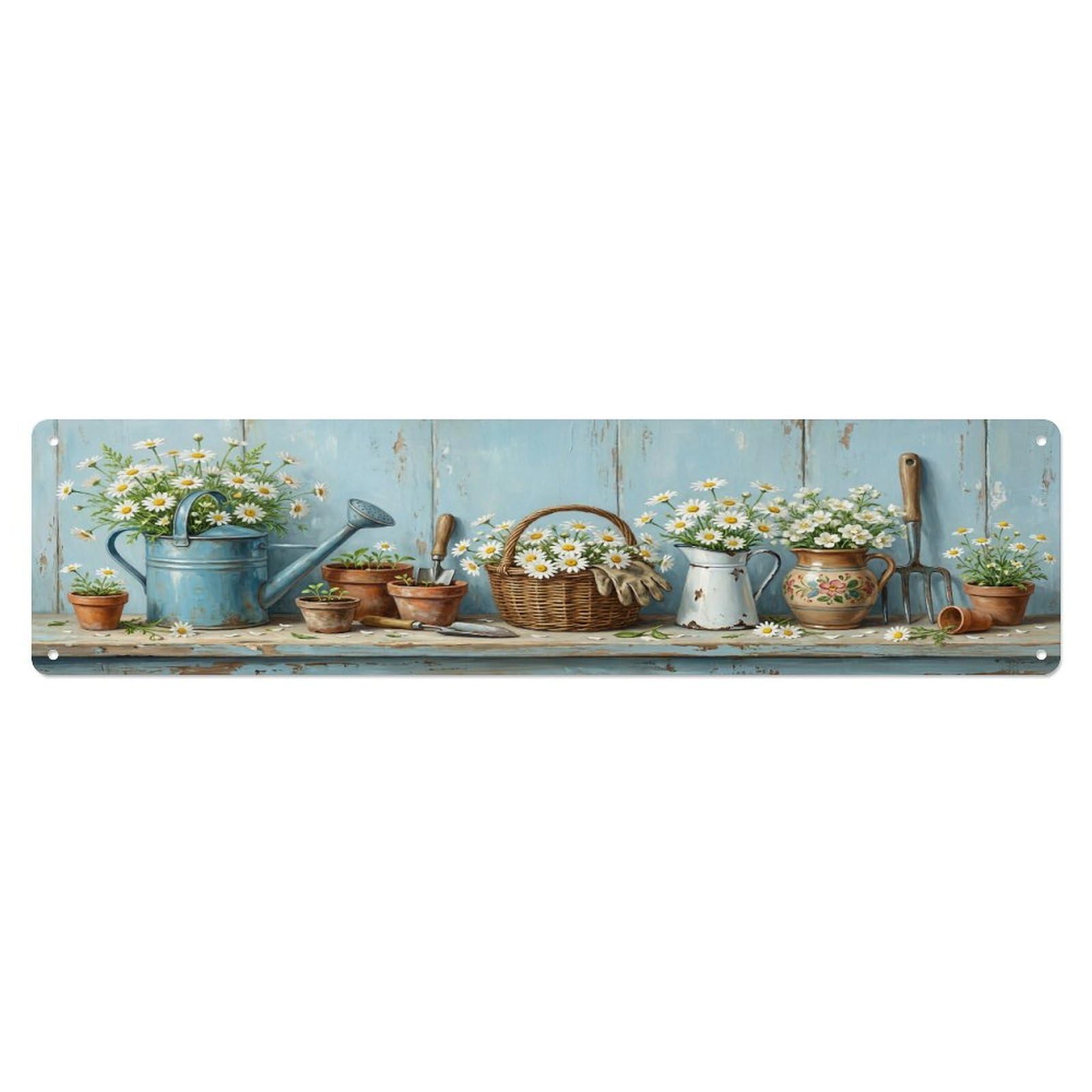 Floral Garden Tools Watering Daisy Pattern Print Metal Tin Sign