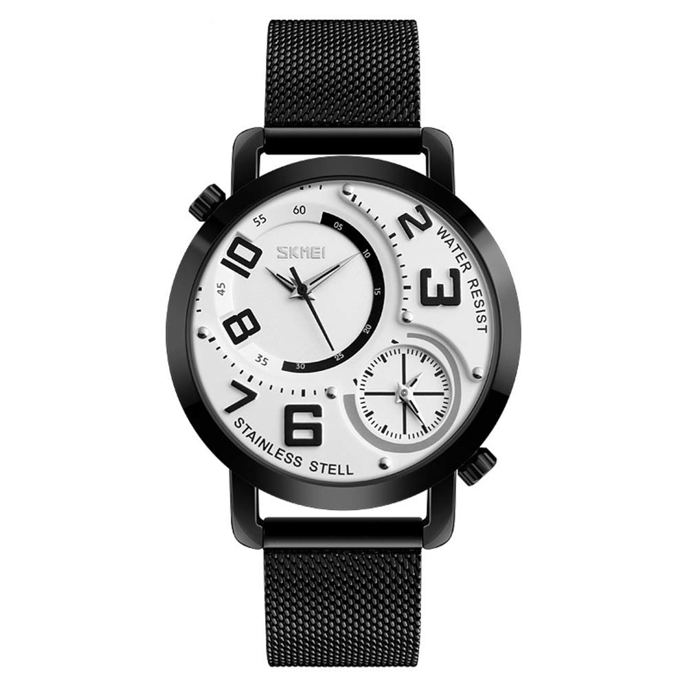 MASTOP Reloj de cuarzo para hombre, doble zona horaria, correa de malla de acero inoxidable, analógico, clásico, regalo