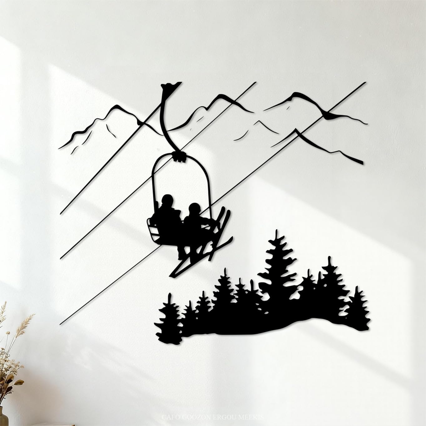 Winter Sports Ski Lift Chair Mountain Pine Trees Downhill Perfect Skiing Wall Decals Paster Paper 68x80.7cm Window Decals Black