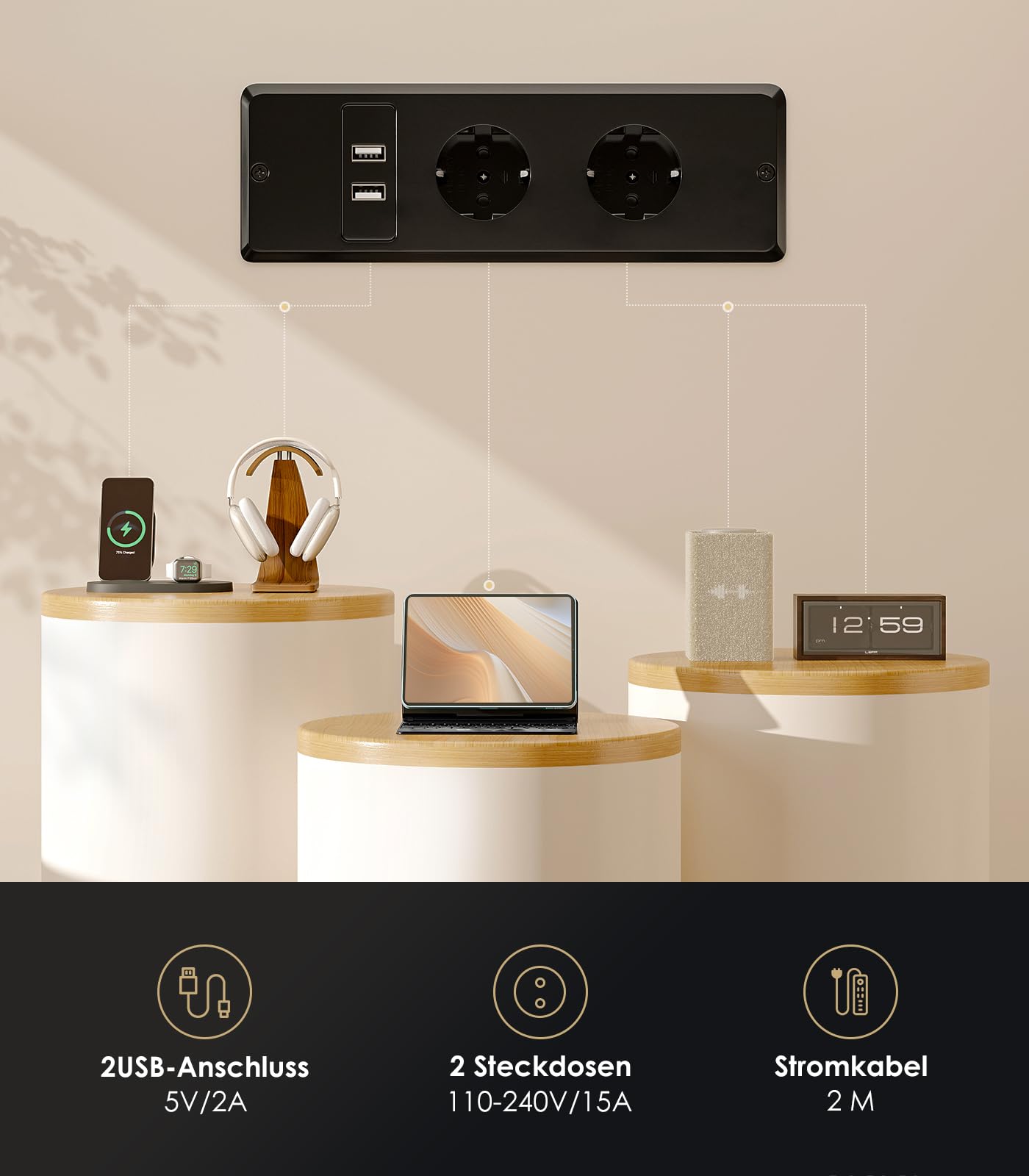 OffiGo Höhenverstellbarer Schreibtisch mit Monitorständer, 120cm Elektrischer Schreibtisch mit Schubladen, Standing Desk mit Steckdosen und Lichtleiste, Tisch Höhenverstellbar Bürotisch, Weiß