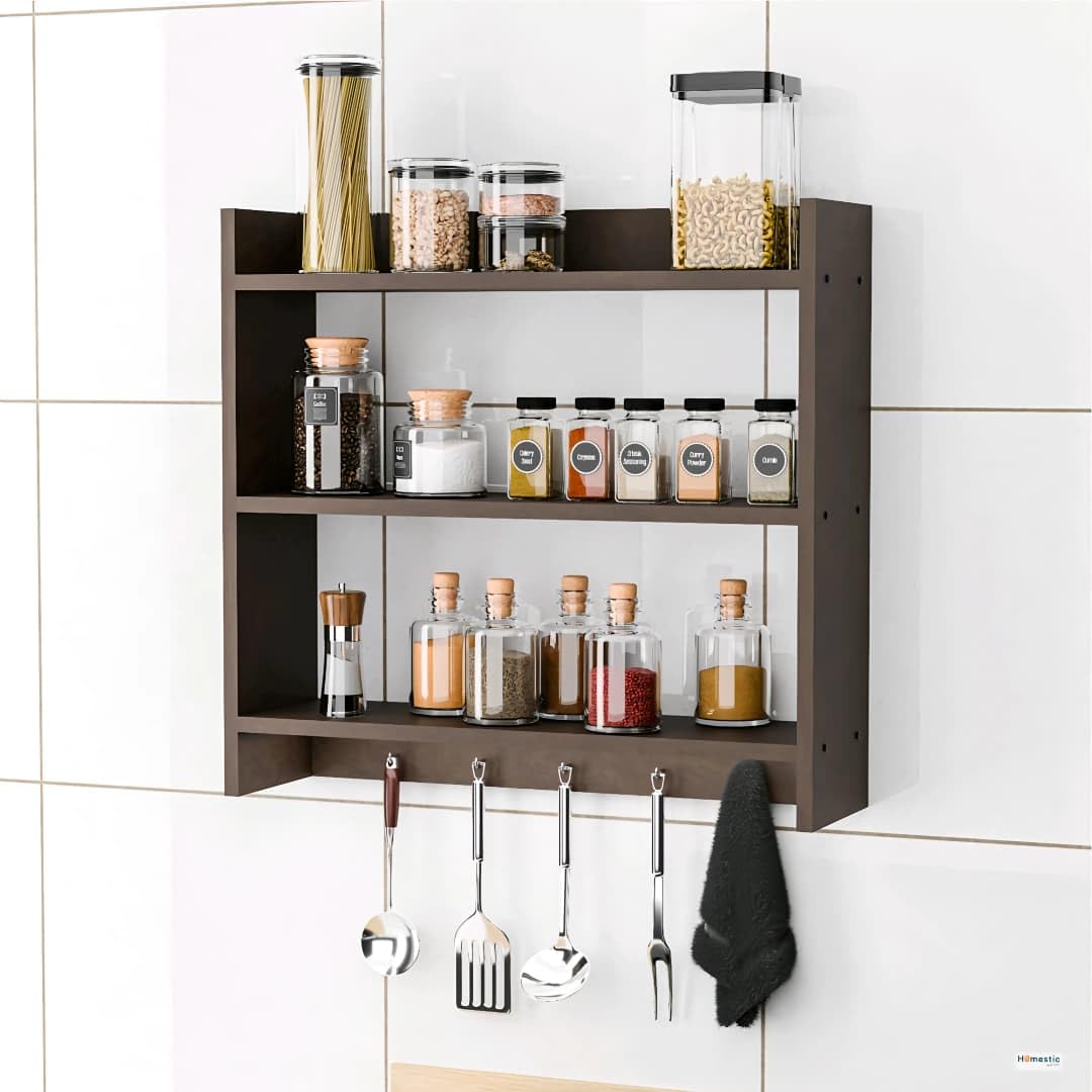Shoper cart Modern Kitchen Wall Shelf with Hooks, 3-Tier White and Beech Wood Storage Rack, 55 x 50 cm, Utensil Organizer with Spice Jar Display (Brown)