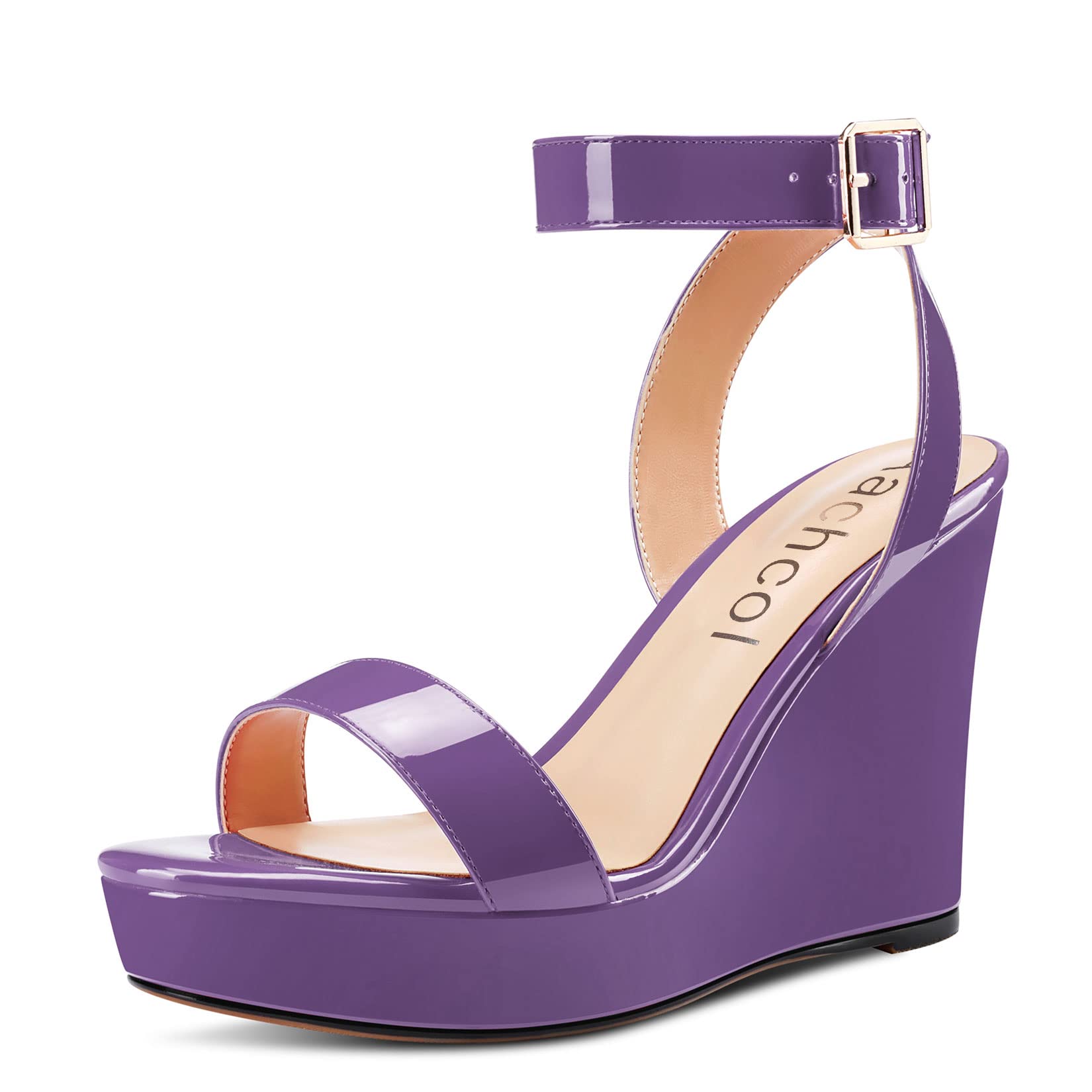 Aachcol Women Platform Wedge Sandals Round Peep Open Toe Ankle Strap Slingback Two-Piece Chunky Block High Heel Dress Shoes Pumps Party Patent 4 Inch
