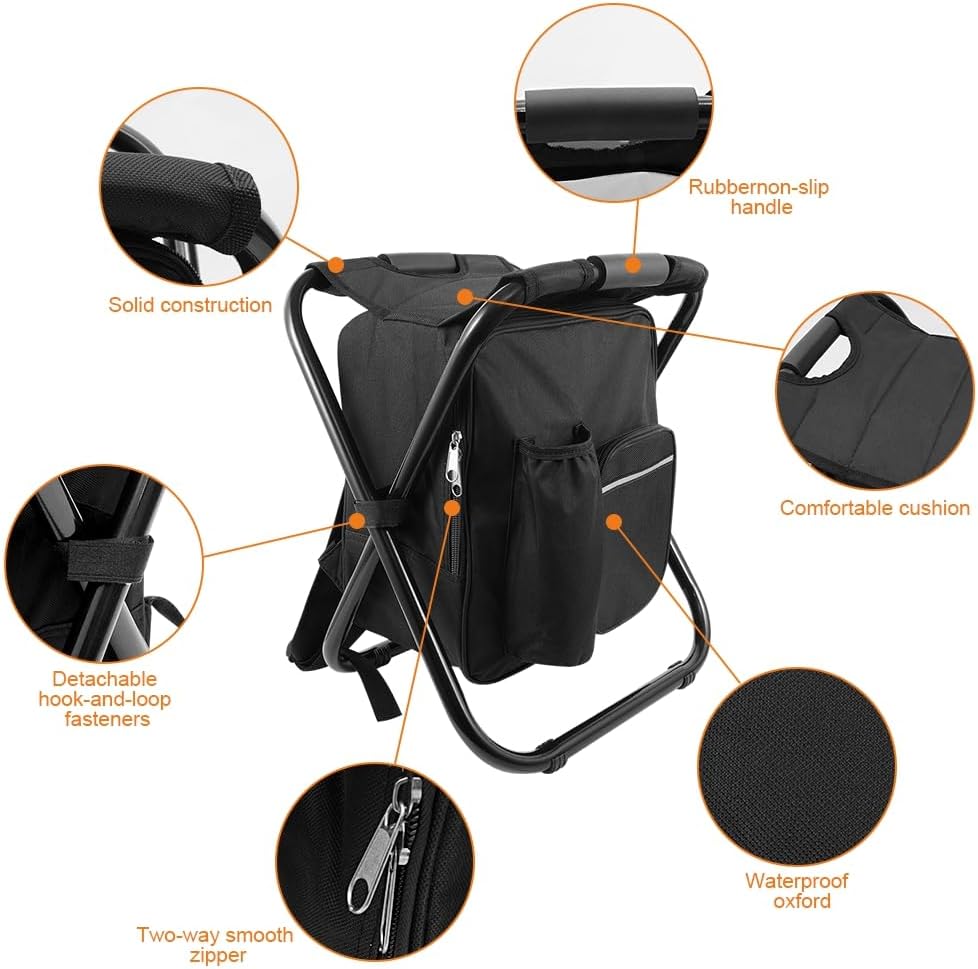 Portable Folding Backpack Stool with Cooler Compartment, Black - Image 5