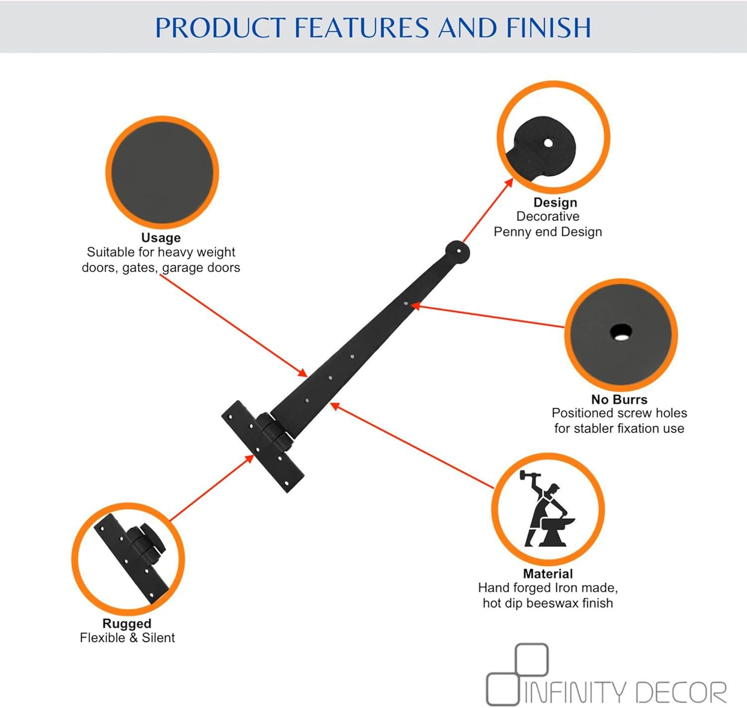 15 inch Penny Hand Forged Iron Tee Hinge Pair Strap T Hinge Beeswax UK