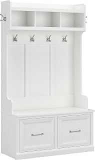 Bush Furniture Woodland 40W Hall Tree Shoe Storage Bench with Doors - White Ash Entryway Mudroom Organizer