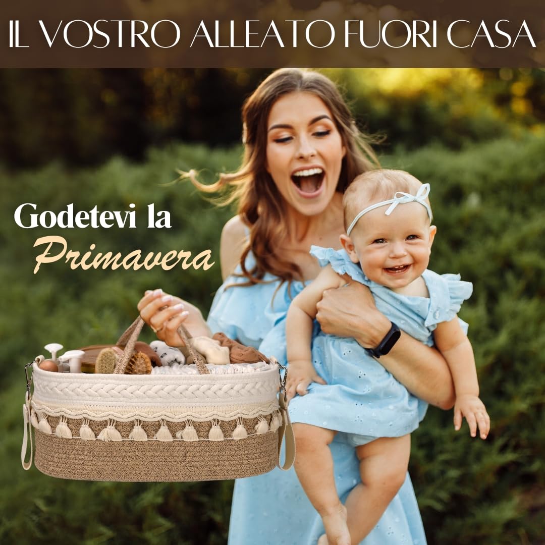 SEBRAM Organizer Fasciatoio per Neonati – Organizer Pannolini Beige Boho, Cesta Fasciatoio Neonato con Tracolla Regolabile & Tasche Termiche/Include maniglie bianche (vedi video)