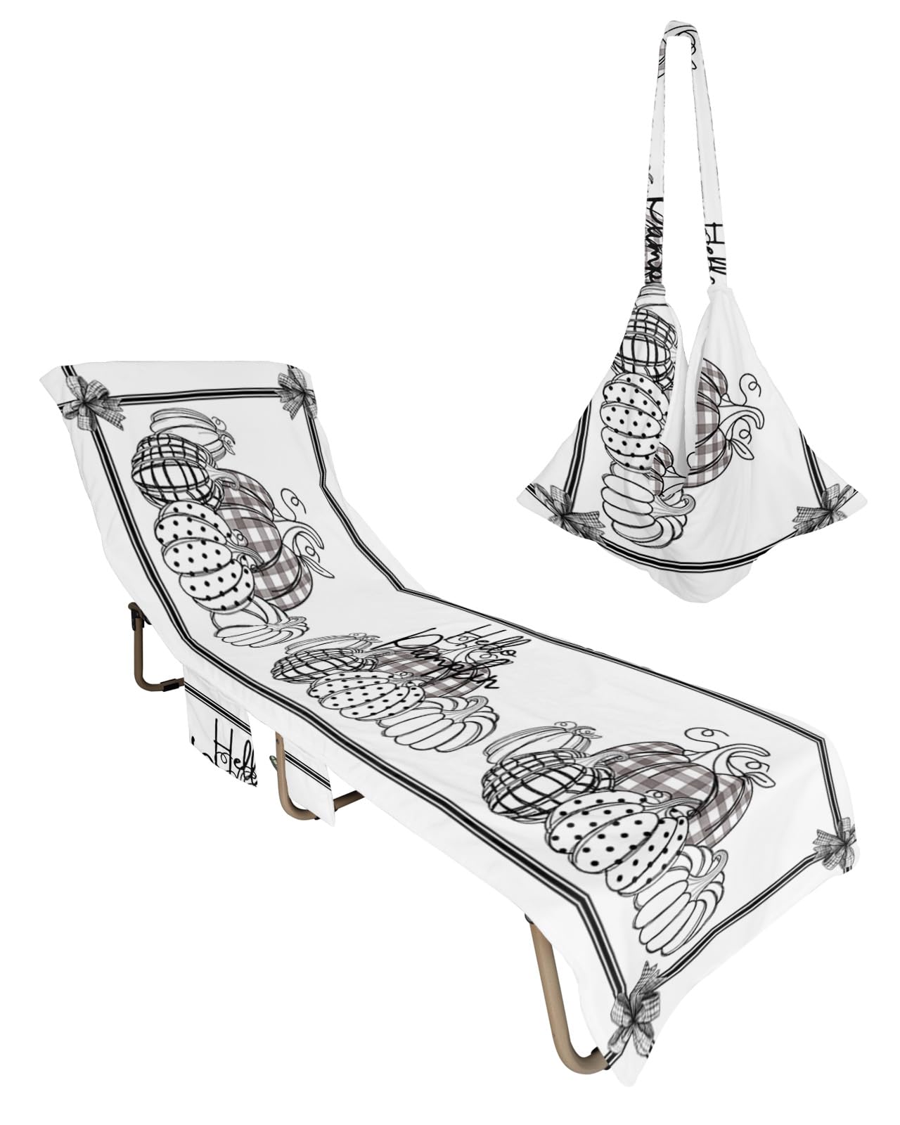Thanksgiving Beach Chair Towel Covers for Chaise Lounge with Side Pocket, Soft Plush Pool Towels Cover for Patio Sunbathing Outdoor 29''x85'' Boho Polka Dot Pumpkin Black Monochrome Sketch
