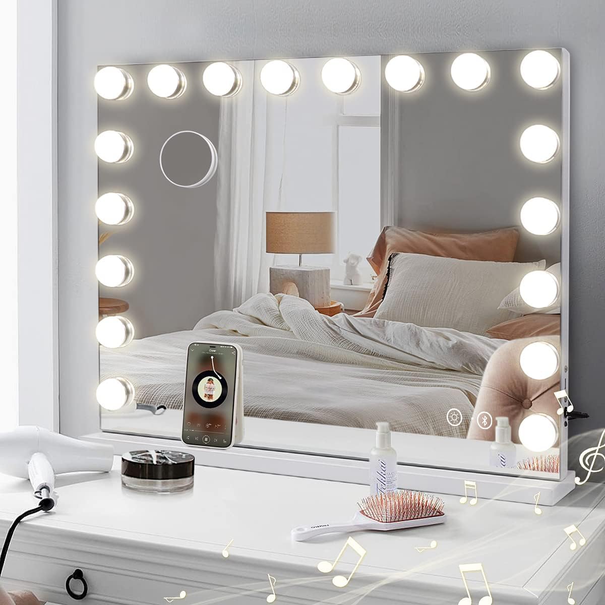 Fenair Vanity Mirror with Lights: 32''x24'' Large Lighted Makeup Mirror with Bluetooth Speaker Hollywood Mirror with 18 Dimmable Bulbs, 3 Light Colors, USB Charge Port, Big Mirror for Table/Hanging