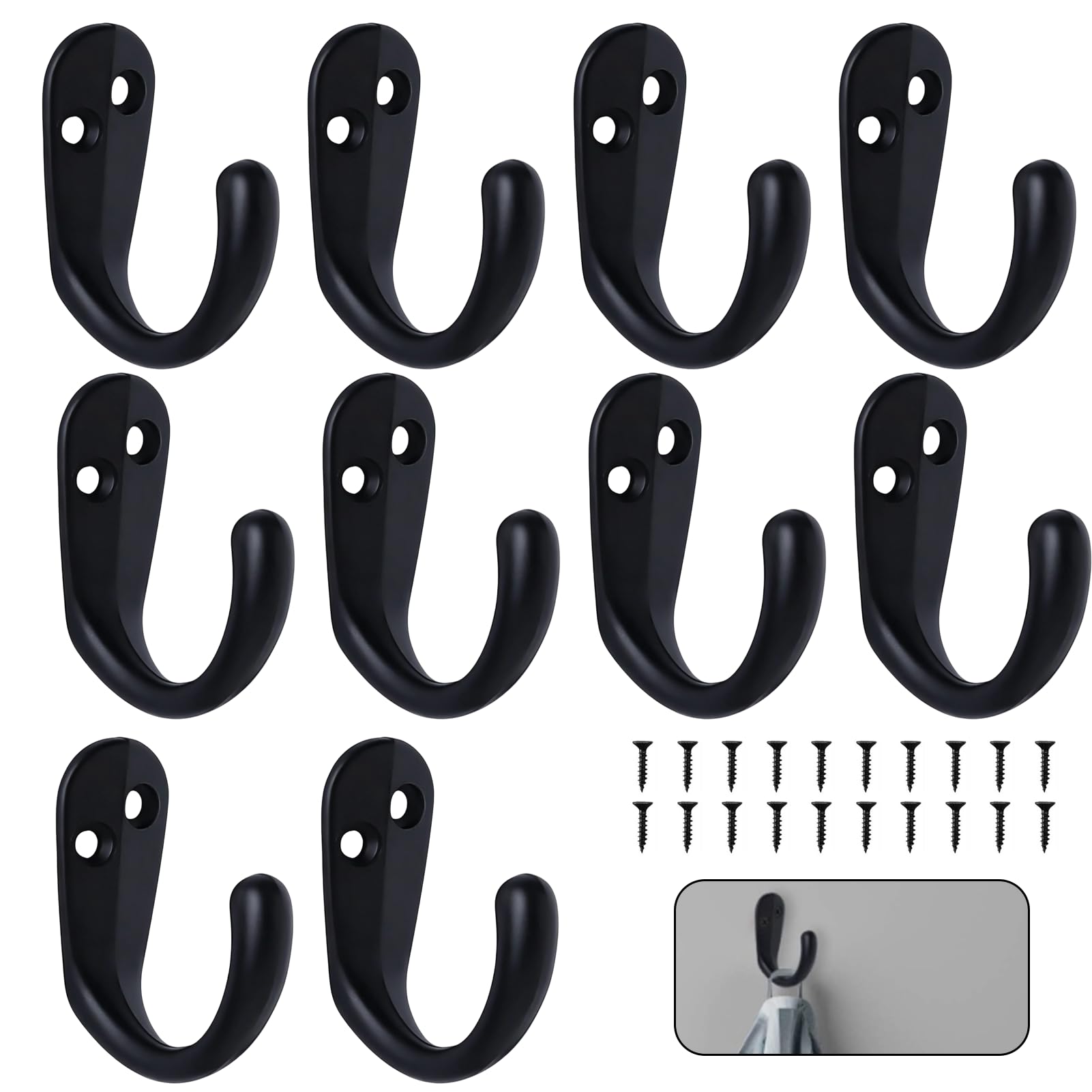 Lilyphon 10PCS Black Coat Hooks Metal Black Door Hooks with 20 Screws, Heavy Duty Coat Hook for Bathroom, Kitchen, Bedroom, Door, Hanging Clothes, Bags, Keys, Hats