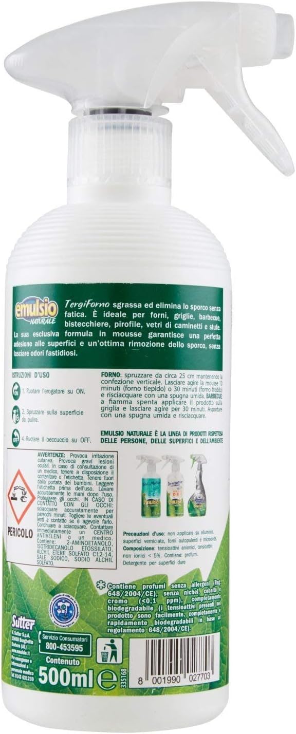 Emulsio Naturale Tergiforno - Limpiador en spray para mousse (12 unidades, limpia a fondo el cristal de chimeneas y hornos, desengrasa y elimina la suciedad sin esfuerzo, 500 ml, incluye llavero Beni