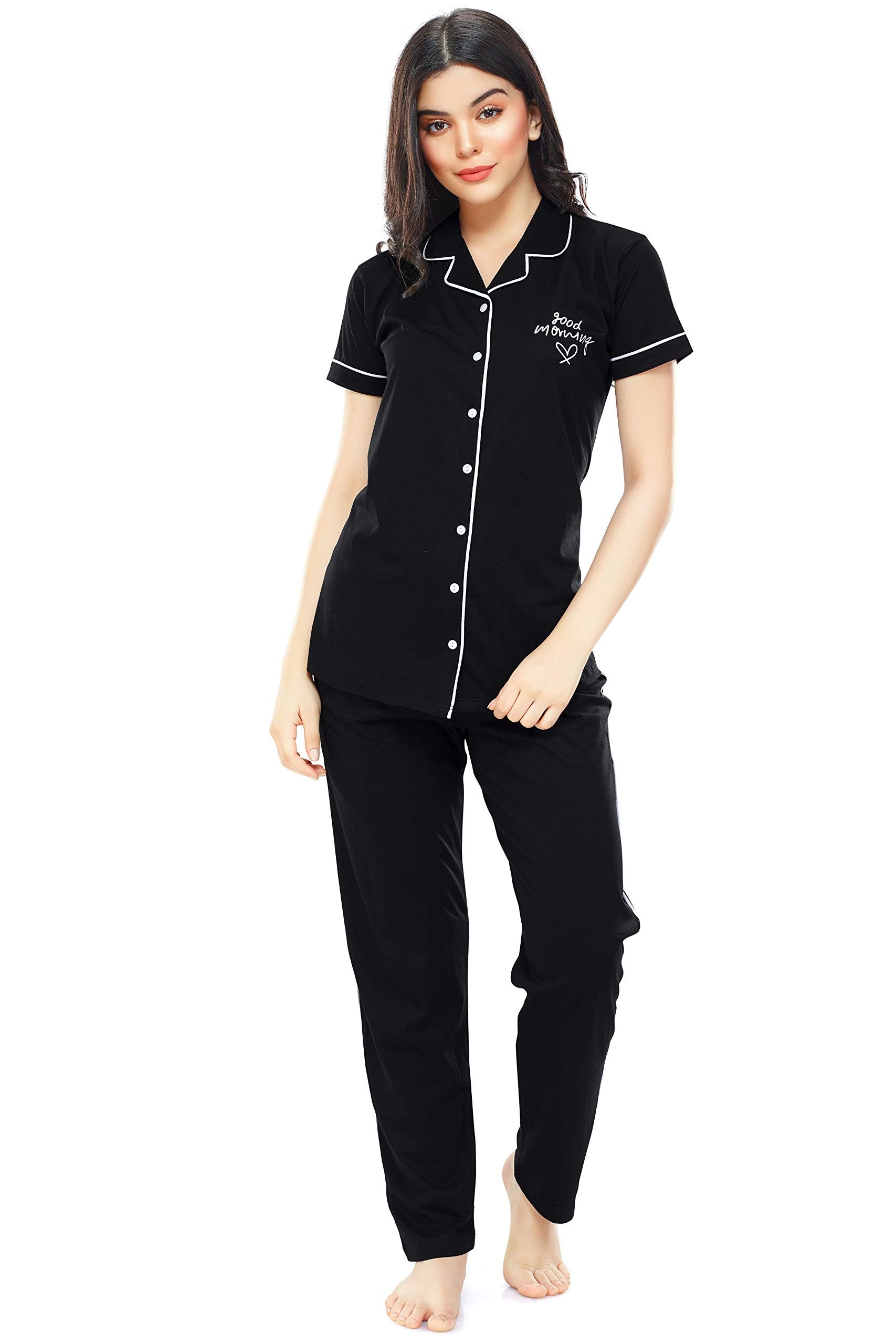 zeyo Women's Cotton Solid Plain Night Suit Set Of Shirt & Pajamas 5238-picture-29