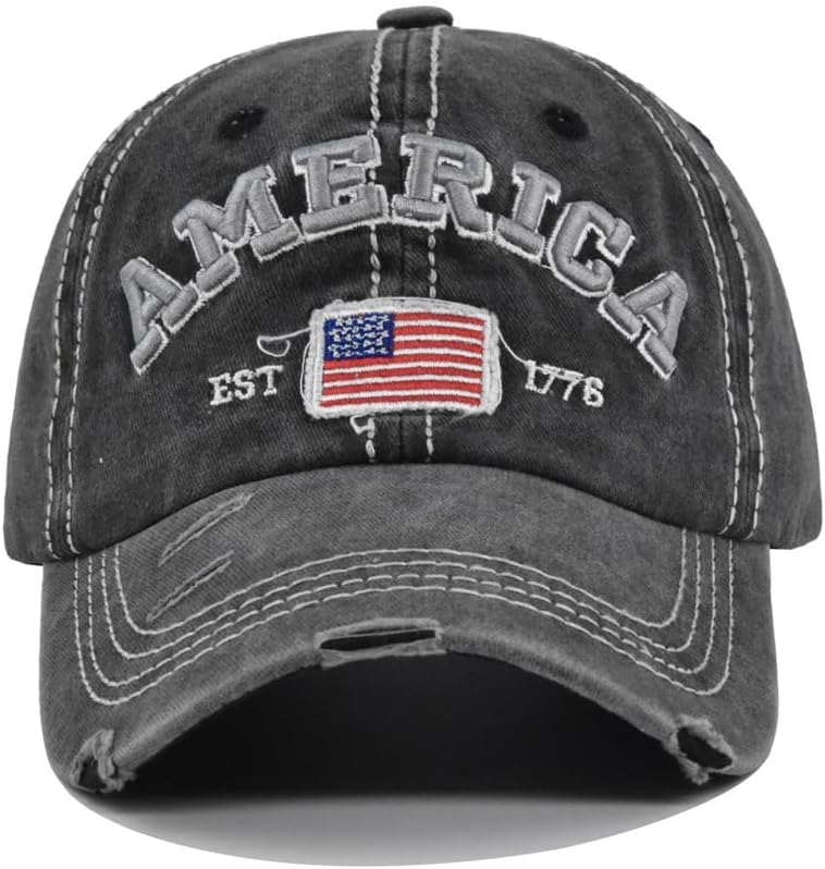 YuMENo Distressed American Flag Baseball Cap for Men Women Embroidered Adjustable Vintage Washed Cotton Dad Hat - Image 2