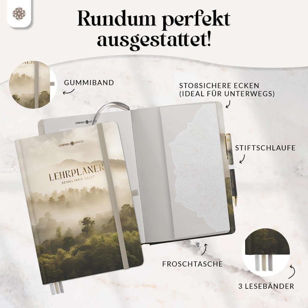 Lebenskompass® Lehrerkalender 2026/2027 DIN A5+ ”Pine” – Schuljahresplaner Hardcover mit Wochen & Monatsübersichten, Klassen & Notenlisten, Stundenplänen für Lehrerinnen und Lehrer