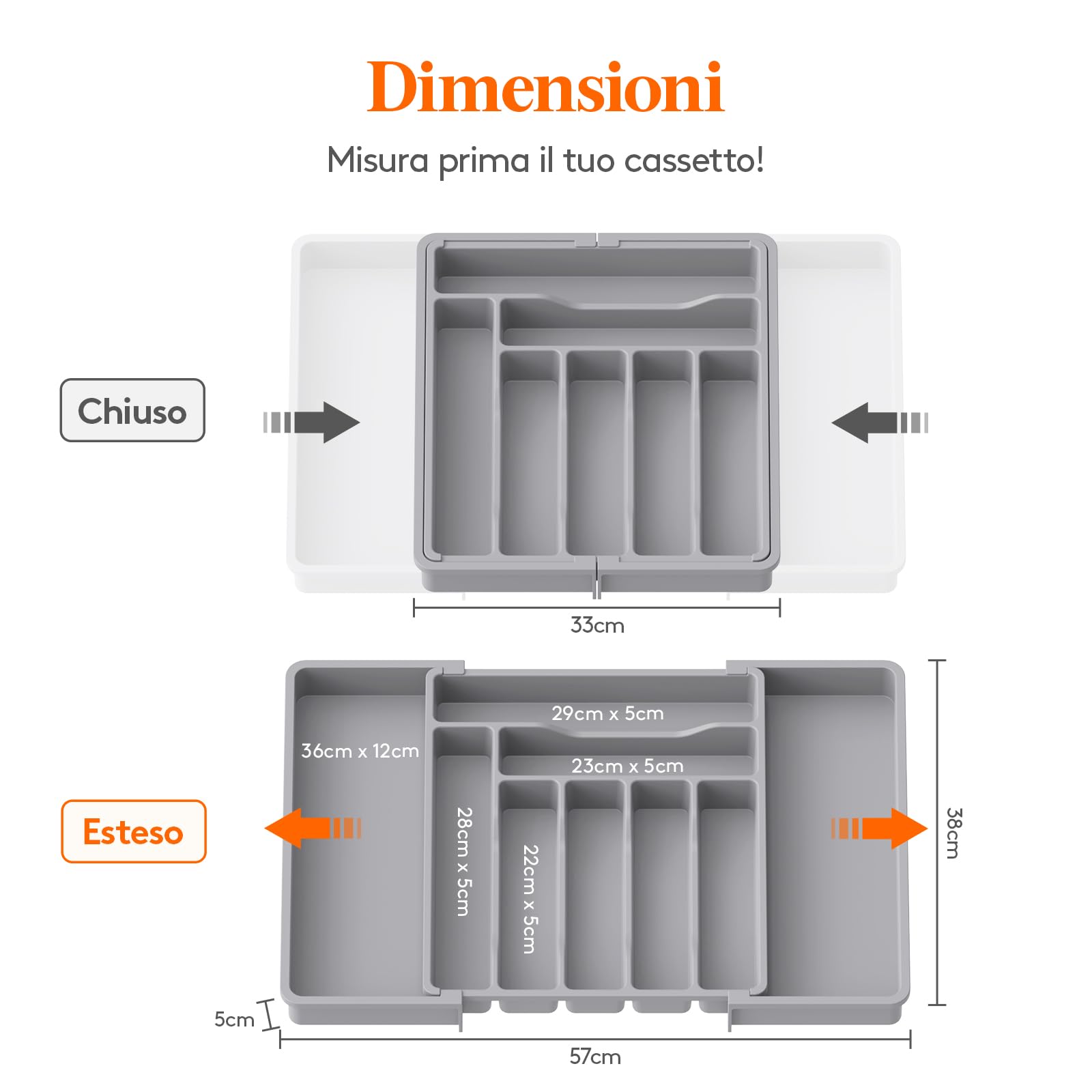 Lifewit Porta Posate Cucina Cassetto, Organizer Posate da Espandibile, Portaposate Salvaspazio, Divisori in Plastica per Utensili, Forchette, Profondità 38 cm, Largezza 33-56,8cm, Grigio