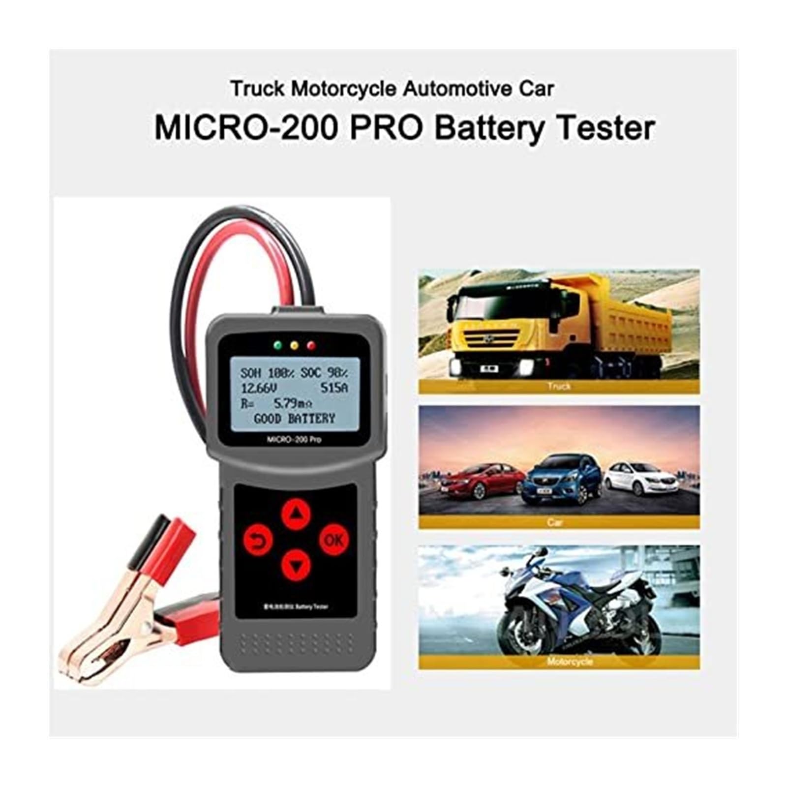 Cyfrowy tester akumulatora samochodowego MICRO-200PRO do systemów 12 V i 24, 40-2000 CCA, narzędzie motocykli ciężarówek(Big clip one)