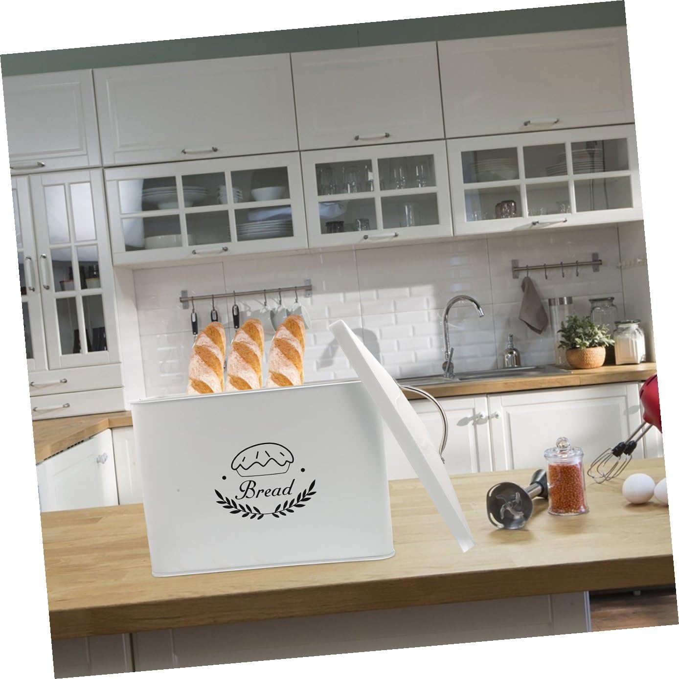 Metal Bread Box with Lid, Rectangle Iron Kitchen Storage Container, Portable Bread Holder for Countertop Organization and Grain Storage
