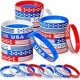 48 Pcs 4th of July Bracelets USA American Flag Bracelets Red White and Blue Bracelet Wristbands, Patriotic Silicone Bracelets for Independence Day Patriotic Party Wristband Favors School Gift Favor