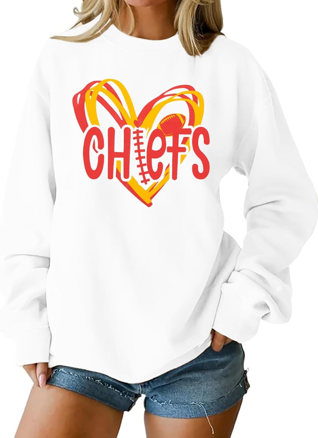 LOTUCY Football Sweatshirt Women Game Day Sweatshirts Football Team Fans Pullover Shirt Heart Graphic Long Sleeve Tops