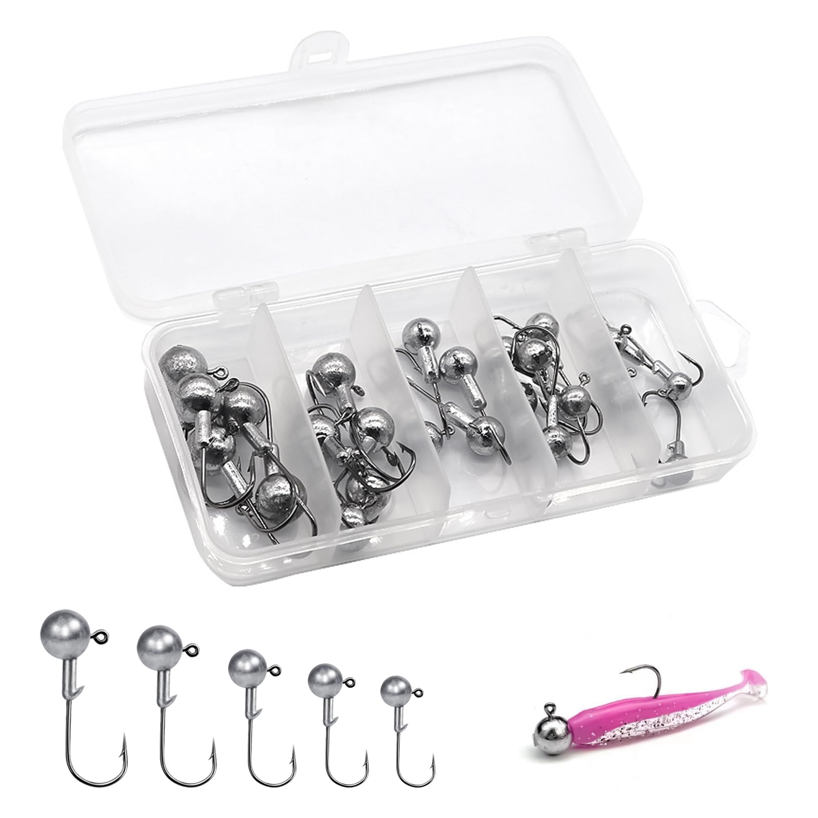 24 Piezas Cabezas Plomadas Pesca, Kit Jig Head 3,5g 5g 7g 10g 14g, Anzuelos Púas Alta Resistencia en Acero al Carbono, Anzuelo para Cebo Suave con Caja Almacenamiento para Pesca en Agua Dulce Salada